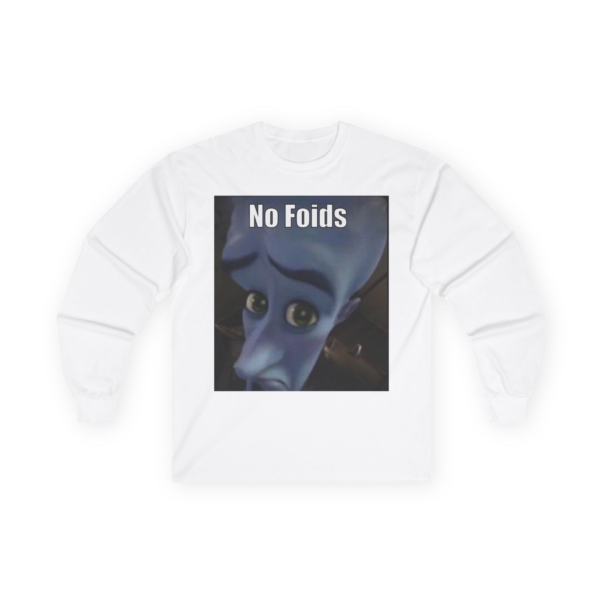 Long Sleeve Tee — "No Foids" Blue Character Meme Graphic